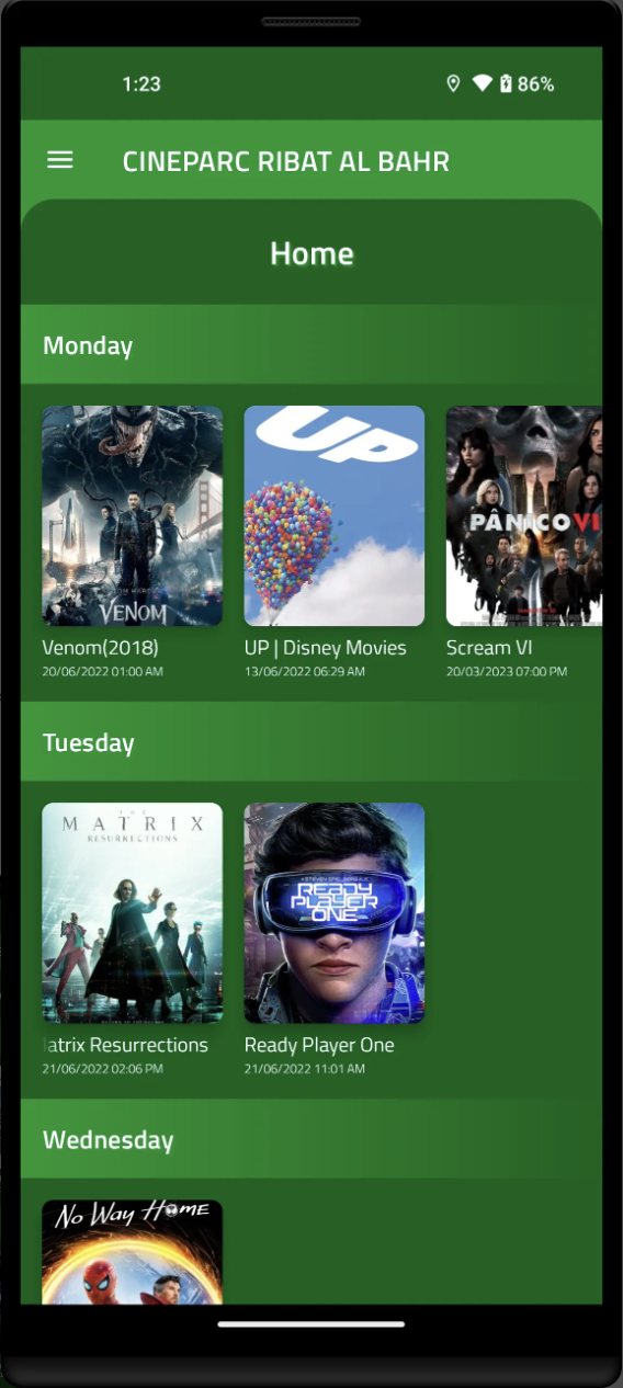 Cineparc home screen showing the weekly drive-in movie schedule