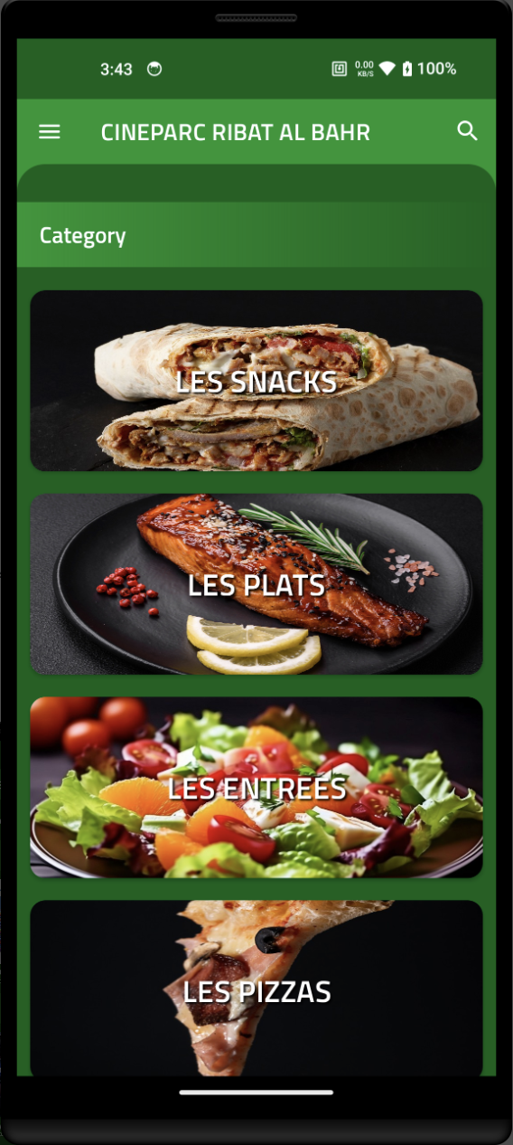 Cineparc restaurant category menu with snacks, plats, entrees, and pizzas